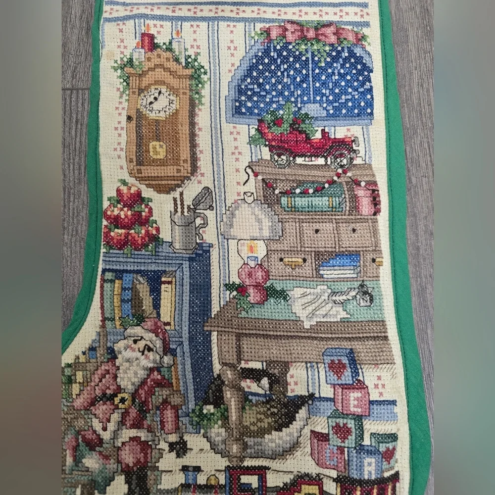 Handmade Crossstitch Christmas Stocking Vintage Cabincore Farmhouse Primitive